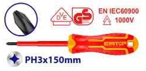 Insulated Screwdriver PH3×150mm, VDE+GS Certified, Cr-V, Round Shank